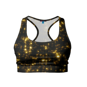 Женский спортивный топ 3D с принтом Золотые звёзды в Кировске, 82% полиэстер, 18% спандекс Ткань безопасна для здоровья, позволяет коже дышать, не мнется и не растягивается |  | блеск | звёзды | золото | ночь | сияние | темнота | черный