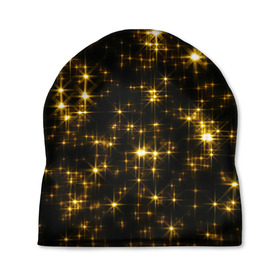 Шапка 3D с принтом Золотые звёзды в Кировске, 100% полиэстер | универсальный размер, печать по всей поверхности изделия | блеск | звёзды | золото | ночь | сияние | темнота | черный