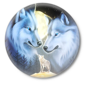 Значок с принтом ВОЛК В НОЧИ(D) в Кировске,  металл | круглая форма, металлическая застежка в виде булавки | wolf | волк | волки | волчица | животные | одинокий волк