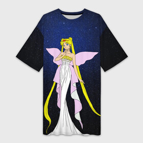 Платье-футболка 3D с принтом Принцесса Серенити в Кировске,  |  | Тематика изображения на принте: bunny | luna | princess | sailormoon | serenity | stars | tsukino | usagi | wings | ангел | девушка | детские | звездная | звезды | королева | корона | космические | крылья | луна | любовь | малышка | радуга | сейлормун | токио | усаги