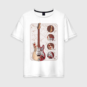 Женская футболка хлопок Oversize с принтом Fender Stratocaster Monterey в Кировске, 100% хлопок | свободный крой, круглый ворот, спущенный рукав, длина до линии бедер
 | Тематика изображения на принте: guitar | hendrix | jimmy | metal | metall | monterey | rock | usa | америка | гитара | гитарист | джимми | красивая | легенда | метал | монтерей | музыка | музыкант | обладатель | рок н ролл | стратокастер | схема | сша | фендер