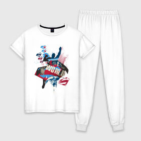 Женская пижама хлопок с принтом Saves the World в Кировске, 100% хлопок | брюки и футболка прямого кроя, без карманов, на брюках мягкая резинка на поясе и по низу штанин | man | steel | superman | vdzajul | супермен | супермэн