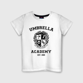 Детская футболка хлопок с принтом The Umbrella Academy в Кировске, 100% хлопок | круглый вырез горловины, полуприлегающий силуэт, длина до линии бедер | Тематика изображения на принте: the umbrella academy | umbrella | академия амбрелла | амбрелла | герб | зонтик