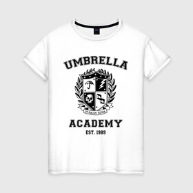 Женская футболка хлопок с принтом The Umbrella Academy в Кировске, 100% хлопок | прямой крой, круглый вырез горловины, длина до линии бедер, слегка спущенное плечо | the umbrella academy | umbrella | академия амбрелла | амбрелла | герб | зонтик