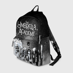 Рюкзак 3D с принтом The Umbrella Academy в Кировске, 100% полиэстер | лямки с регулируемой длиной, сверху петелька, чтобы рюкзак можно было повесить на вешалку. Основное отделение закрывается на молнию, как и внешний карман. Внутри два дополнительных кармана, один из которых закрывается на молнию. По бокам два дополнительных кармашка | Тематика изображения на принте: the umbrella academy | umbrella | академия амбрелла | амбрелла | герб | зонтик