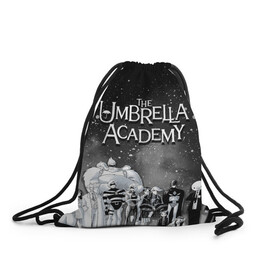 Рюкзак-мешок 3D с принтом The Umbrella Academy в Кировске, 100% полиэстер | плотность ткани — 200 г/м2, размер — 35 х 45 см; лямки — толстые шнурки, застежка на шнуровке, без карманов и подкладки | the umbrella academy | umbrella | академия амбрелла | амбрелла | герб | зонтик