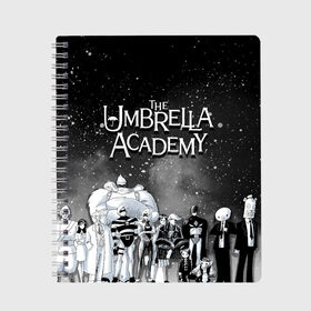 Тетрадь с принтом The Umbrella Academy в Кировске, 100% бумага | 48 листов, плотность листов — 60 г/м2, плотность картонной обложки — 250 г/м2. Листы скреплены сбоку удобной пружинной спиралью. Уголки страниц и обложки скругленные. Цвет линий — светло-серый
 | Тематика изображения на принте: the umbrella academy | umbrella | академия амбрелла | амбрелла | герб | зонтик