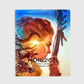 Тетрадь с принтом Horizon Forbidden West в Кировске, 100% бумага | 48 листов, плотность листов — 60 г/м2, плотность картонной обложки — 250 г/м2. Листы скреплены сбоку удобной пружинной спиралью. Уголки страниц и обложки скругленные. Цвет линий — светло-серый
 | Тематика изображения на принте: aloy | guerrilla games | horizon forbidden west | hunt | zero dawn | горизонт | запретный запад | игры | нулевой рассвет | охота | элой