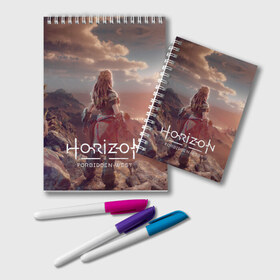 Блокнот с принтом Horizon Forbidden West в Кировске, 100% бумага | 48 листов, плотность листов — 60 г/м2, плотность картонной обложки — 250 г/м2. Листы скреплены удобной пружинной спиралью. Цвет линий — светло-серый
 | Тематика изображения на принте: aloy | guerrilla games | horizon forbidden west | hunt | zero dawn | горизонт | запретный запад | игры | нулевой рассвет | охота | элой