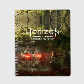 Тетрадь с принтом Horizon Forbidden West в Кировске, 100% бумага | 48 листов, плотность листов — 60 г/м2, плотность картонной обложки — 250 г/м2. Листы скреплены сбоку удобной пружинной спиралью. Уголки страниц и обложки скругленные. Цвет линий — светло-серый
 | aloy | guerrilla games | horizon forbidden west | hunt | zero dawn | горизонт | запретный запад | игры | нулевой рассвет | охота | элой