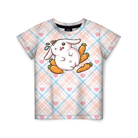 Детская футболка 3D с принтом Зайка обжора в Кировске, 100% гипоаллергенный полиэфир | прямой крой, круглый вырез горловины, длина до линии бедер, чуть спущенное плечо, ткань немного тянется | веган | вегетарианец | животное | зайцы | зайчик | зайчонок | заяц | кролик | кроль | крольчонок | овощи | пушистик