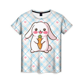 Женская футболка 3D с принтом Милый зайка в Кировске, 100% полиэфир ( синтетическое хлопкоподобное полотно) | прямой крой, круглый вырез горловины, длина до линии бедер | веган | вегетарианец | животное | зайцы | зайчик | зайчонок | заяц | кролик | кроль | крольчонок | овощи | пушистик