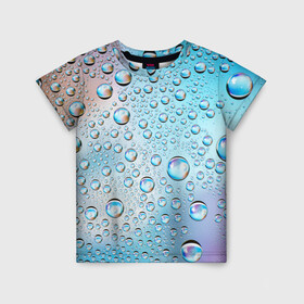 Детская футболка 3D с принтом Капли голубой роса стекло вода в Кировске, 100% гипоаллергенный полиэфир | прямой крой, круглый вырез горловины, длина до линии бедер, чуть спущенное плечо, ткань немного тянется | вода | градиент | для всех | дождь | капли | летний | на каждый день | обычный | окно | поверхность | повседневный | размытость | роса | стекло