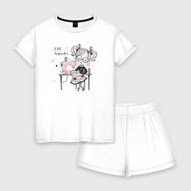 Женская пижама с шортиками хлопок с принтом маленькая швея в Кировске, 100% хлопок | футболка прямого кроя, шорты свободные с широкой мягкой резинкой | handmade | иголка | хэндмэйд | швейная машинка | швея | шить