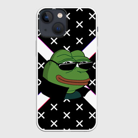 Чехол для iPhone 13 mini с принтом Pepe в очках EZ в Кировске,  |  | ez | glitch | pepe | pepe frog | pepe в очках | silvername | twitch emout | жабка в очках | крестики