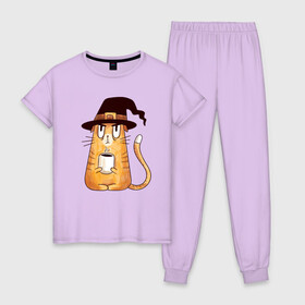 Женская пижама хлопок с принтом Сердитый котик с кофе в Кировске, 100% хлопок | брюки и футболка прямого кроя, без карманов, на брюках мягкая резинка на поясе и по низу штанин | cat | coffee | grumpy | hot | kitten | kitty | pussycat | witch | ароматный | в колпаке | в шляпе | ведьма | горячий | злой | кот | котик | котэ | кофе | кофеек | кошка | кружка | милый | не выспался | недовольный | прикол | сердитый