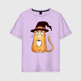 Женская футболка хлопок Oversize с принтом Сердитый котик с кофе в Кировске, 100% хлопок | свободный крой, круглый ворот, спущенный рукав, длина до линии бедер
 | cat | coffee | grumpy | hot | kitten | kitty | pussycat | witch | ароматный | в колпаке | в шляпе | ведьма | горячий | злой | кот | котик | котэ | кофе | кофеек | кошка | кружка | милый | не выспался | недовольный | прикол | сердитый