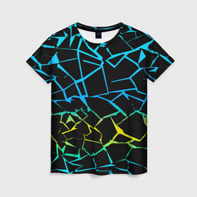 Женская футболка 3D с принтом НЕОНОВЫЙ ГРАДИЕНТ в Кировске, 100% полиэфир ( синтетическое хлопкоподобное полотно) | прямой крой, круглый вырез горловины, длина до линии бедер | геометрия | градиент | лед | молнии | неон | пестрый | полосы | разлом | синий | спортивный | стекло | текстура