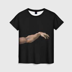 Женская футболка 3D с принтом Сотворение Адама (парная)  в Кировске, 100% полиэфир ( синтетическое хлопкоподобное полотно) | прямой крой, круглый вырез горловины, длина до линии бедер | для пар | искусство | картина | любовь | парная | парная футболка | руки | сотворение адама | эстетика