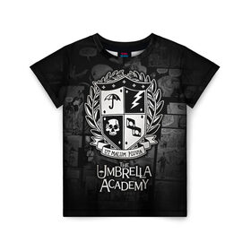 Детская футболка 3D с принтом Академия Амбрелла в Кировске, 100% гипоаллергенный полиэфир | прямой крой, круглый вырез горловины, длина до линии бедер, чуть спущенное плечо, ткань немного тянется | the umbrella academy | umbrella | академия амбрелла | амбрелла | герб | зонтик | комиксы
