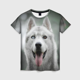 Женская футболка 3D с принтом Хаски в Кировске, 100% полиэфир ( синтетическое хлопкоподобное полотно) | прямой крой, круглый вырез горловины, длина до линии бедер | dog | животные | пес | природа | собака | собаки | собакчка | собачки | хаски