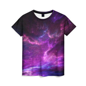 Женская футболка 3D с принтом Космическое небо в Кировске, 100% полиэфир ( синтетическое хлопкоподобное полотно) | прямой крой, круглый вырез горловины, длина до линии бедер | арт | звёзды | космос | облако | розовый | синий | сияние | туманность | фиолетовый | яркие цвета
