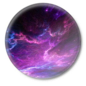 Значок с принтом Космическое небо в Кировске,  металл | круглая форма, металлическая застежка в виде булавки | арт | звёзды | космос | облако | розовый | синий | сияние | туманность | фиолетовый | яркие цвета