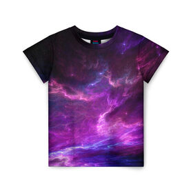 Детская футболка 3D с принтом Космическое небо в Кировске, 100% гипоаллергенный полиэфир | прямой крой, круглый вырез горловины, длина до линии бедер, чуть спущенное плечо, ткань немного тянется | арт | звёзды | космос | облако | розовый | синий | сияние | туманность | фиолетовый | яркие цвета