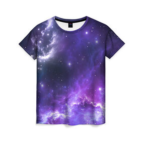 Женская футболка 3D с принтом Космическое небо в Кировске, 100% полиэфир ( синтетическое хлопкоподобное полотно) | прямой крой, круглый вырез горловины, длина до линии бедер | арт | белый | бирюзовый | звёзды | космос | облако | розовый | синий | сияние | тёмный | туманность | фиолетовый | яркие цвета