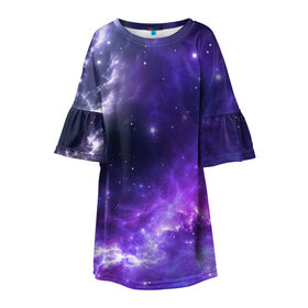 Детское платье 3D с принтом Космическое небо в Кировске, 100% полиэстер | прямой силуэт, чуть расширенный к низу. Круглая горловина, на рукавах — воланы | Тематика изображения на принте: арт | белый | бирюзовый | звёзды | космос | облако | розовый | синий | сияние | тёмный | туманность | фиолетовый | яркие цвета