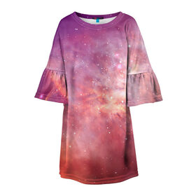 Детское платье 3D с принтом Космическое небо в Кировске, 100% полиэстер | прямой силуэт, чуть расширенный к низу. Круглая горловина, на рукавах — воланы | арт | желтый | звёзды | космос | облако | оранжевый | розовый | сияние | туманность | фиолетовый | яркие цвета