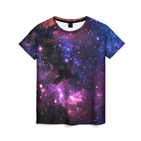 Женская футболка 3D с принтом Космическое небо в Кировске, 100% полиэфир ( синтетическое хлопкоподобное полотно) | прямой крой, круглый вырез горловины, длина до линии бедер | арт | звёзды | космос | красный | облако | розовый | синий | сияние | темный | туманность | фиолетовый | яркие цвета