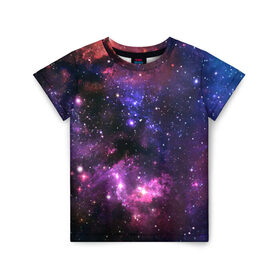 Детская футболка 3D с принтом Космическое небо в Кировске, 100% гипоаллергенный полиэфир | прямой крой, круглый вырез горловины, длина до линии бедер, чуть спущенное плечо, ткань немного тянется | Тематика изображения на принте: арт | звёзды | космос | красный | облако | розовый | синий | сияние | темный | туманность | фиолетовый | яркие цвета