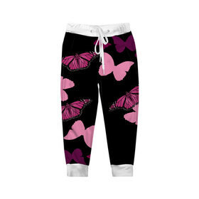 Детские брюки 3D с принтом Розовые бабочки в Кировске, 100% полиэстер | манжеты по низу, эластичный пояс регулируется шнурком, по бокам два кармана без застежек, внутренняя часть кармана из мелкой сетки | бабочка | бабочки | розовый | чёрный