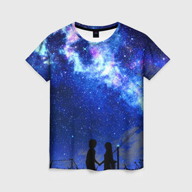 Женская футболка 3D с принтом Ночное  Небо в Кировске, 100% полиэфир ( синтетическое хлопкоподобное полотно) | прямой крой, круглый вырез горловины, длина до линии бедер | blue | sky | башни | звездное небо | звезды | космическое | красота | небо | ночь | синий