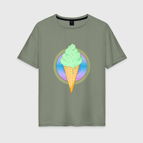 Женская футболка хлопок Oversize с принтом Мятное мороженое в Кировске, 100% хлопок | свободный крой, круглый ворот, спущенный рукав, длина до линии бедер
 | вафля | вкусно | круг | лето | мороженое | подтеки | посыпка | свечение | сладости