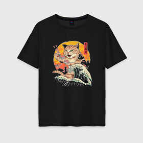 Женская футболка хлопок Oversize с принтом Great Cat Wave в Кировске, 100% хлопок | свободный крой, круглый ворот, спущенный рукав, длина до линии бедер
 | Тематика изображения на принте: anime | art | cat | cats | great wave | hokusai | japan | japanese | kanagawa | kanji | sushi | арт | большая | в японском стиле | великая | волна | ест суши | иероглифы | канагава | кандзи | китайские | кот | котенок | кошка | палочки | суши