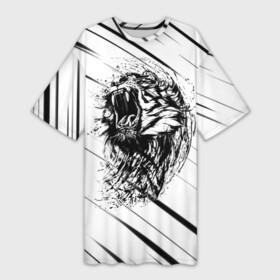 Платье-футболка 3D с принтом Тигр | Tiger в Кировске,  |  | black | lion | tiger | white | белая | клыки | кот | котик | кошка | лев | полосы | светлая | тигр | чб | черная | черно белая