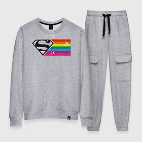Женский костюм хлопок с принтом Superman Rainbow Logo в Кировске, 100% хлопок | на свитшоте круглая горловина, мягкая резинка по низу. Брюки заужены к низу, на них два вида карманов: два 