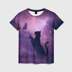 Женская футболка 3D с принтом Кошка играет с бабочкой в Кировске, 100% полиэфир ( синтетическое хлопкоподобное полотно) | прямой крой, круглый вырез горловины, длина до линии бедер | cosmic stars | атмосфера | звезды | катята .cats | кошка играет с бабочкой | кошки | небо | скафандр