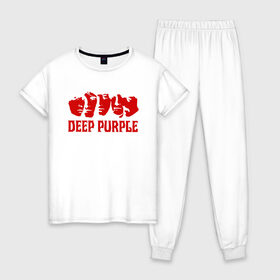 Женская пижама хлопок с принтом Deep Purple в Кировске, 100% хлопок | брюки и футболка прямого кроя, без карманов, на брюках мягкая резинка на поясе и по низу штанин | deep purple | альбом | гловер | группа | дееп | деп | ди | дип | диперпл | дипперпл | иэн гиллан | иэн пэйс | лого | логотип | метал | морс | пепл | перпл | прогрессивный | психоделический | рок | символ | хард