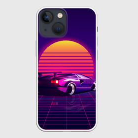 Чехол для iPhone 13 mini с принтом Ретро Футуризм в Кировске,  |  | cyberpunk | lamborgini | retrowave | vaporwave | закат | киберпанк | лмборгини | машина | машина в закате | машина на фоне заката | ночь | ретро | ретро футуризм