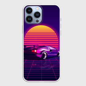 Чехол для iPhone 13 Pro Max с принтом Ретро Футуризм в Кировске,  |  | cyberpunk | lamborgini | retrowave | vaporwave | закат | киберпанк | лмборгини | машина | машина в закате | машина на фоне заката | ночь | ретро | ретро футуризм