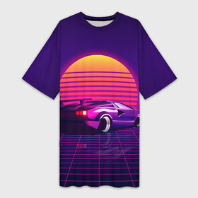 Платье-футболка 3D с принтом Ретро Футуризм в Кировске,  |  | cyberpunk | lamborgini | retrowave | vaporwave | закат | киберпанк | лмборгини | машина | машина в закате | машина на фоне заката | ночь | ретро | ретро футуризм