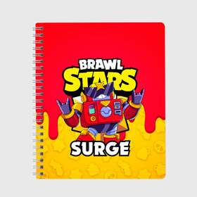 Тетрадь с принтом BRAWL STARS SURGE в Кировске, 100% бумага | 48 листов, плотность листов — 60 г/м2, плотность картонной обложки — 250 г/м2. Листы скреплены сбоку удобной пружинной спиралью. Уголки страниц и обложки скругленные. Цвет линий — светло-серый
 | Тематика изображения на принте: brawl stars | brawl stars surge | brawler | surge | volt | бравл старз | бравлер | вольт