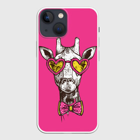 Чехол для iPhone 13 mini с принтом жираф в очках в Кировске,  |  | графика | животное | жираф | очки | ретро | рисунок жирафа | розовый | сердечки | солнечные очки | хипстер