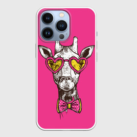 Чехол для iPhone 13 Pro с принтом жираф в очках в Кировске,  |  | Тематика изображения на принте: графика | животное | жираф | очки | ретро | рисунок жирафа | розовый | сердечки | солнечные очки | хипстер