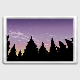 Магнит 45*70 с принтом Лес под ночным небом в Кировске, Пластик | Размер: 78*52 мм; Размер печати: 70*45 | вечер | градиент | закат | звездное небо | звезды | лес | небо | очертание | очертание леса | сумерки | тайга | фиолетовый | черный