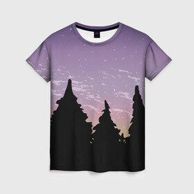 Женская футболка 3D с принтом Лес под ночным небом в Кировске, 100% полиэфир ( синтетическое хлопкоподобное полотно) | прямой крой, круглый вырез горловины, длина до линии бедер | вечер | градиент | закат | звездное небо | звезды | лес | небо | очертание | очертание леса | сумерки | тайга | фиолетовый | черный