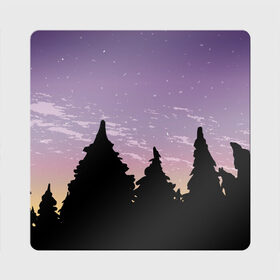 Магнит виниловый Квадрат с принтом Лес под ночным небом в Кировске, полимерный материал с магнитным слоем | размер 9*9 см, закругленные углы | Тематика изображения на принте: вечер | градиент | закат | звездное небо | звезды | лес | небо | очертание | очертание леса | сумерки | тайга | фиолетовый | черный